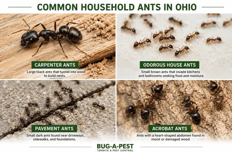 Common household ants in Ohio — Carpenter, Odorous House, Pavement, and Acrobat ants