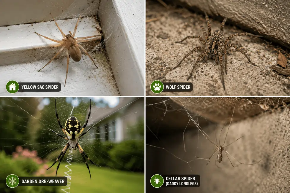 Common house spiders in Southwest Ohio — Yellow Sac, Wolf, Garden Orb-Weaver, and Cellar Spider