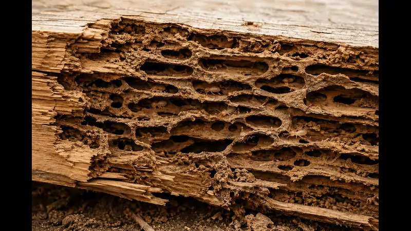 Termite damage inside wood — tunneling and gallery damage from Eastern Subterranean termites
