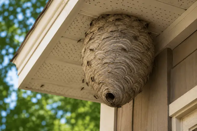 Large bald-faced hornet nest under the eave of a Southwest Ohio home