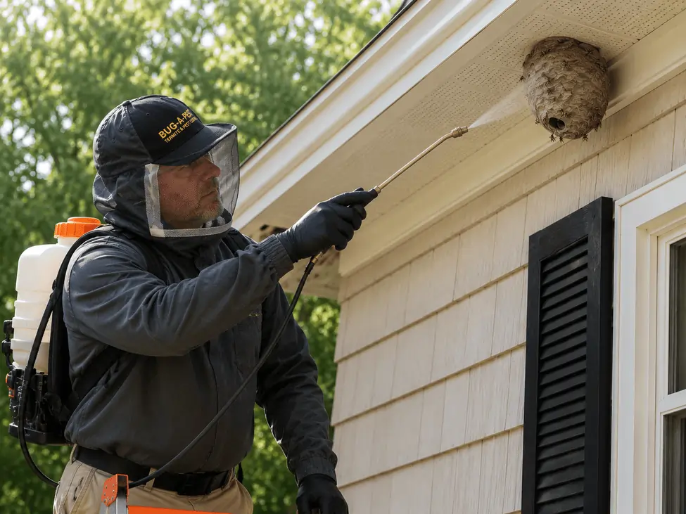Bug-A-Pest technician in protective gear treating a wasp nest on a Southwest Ohio home